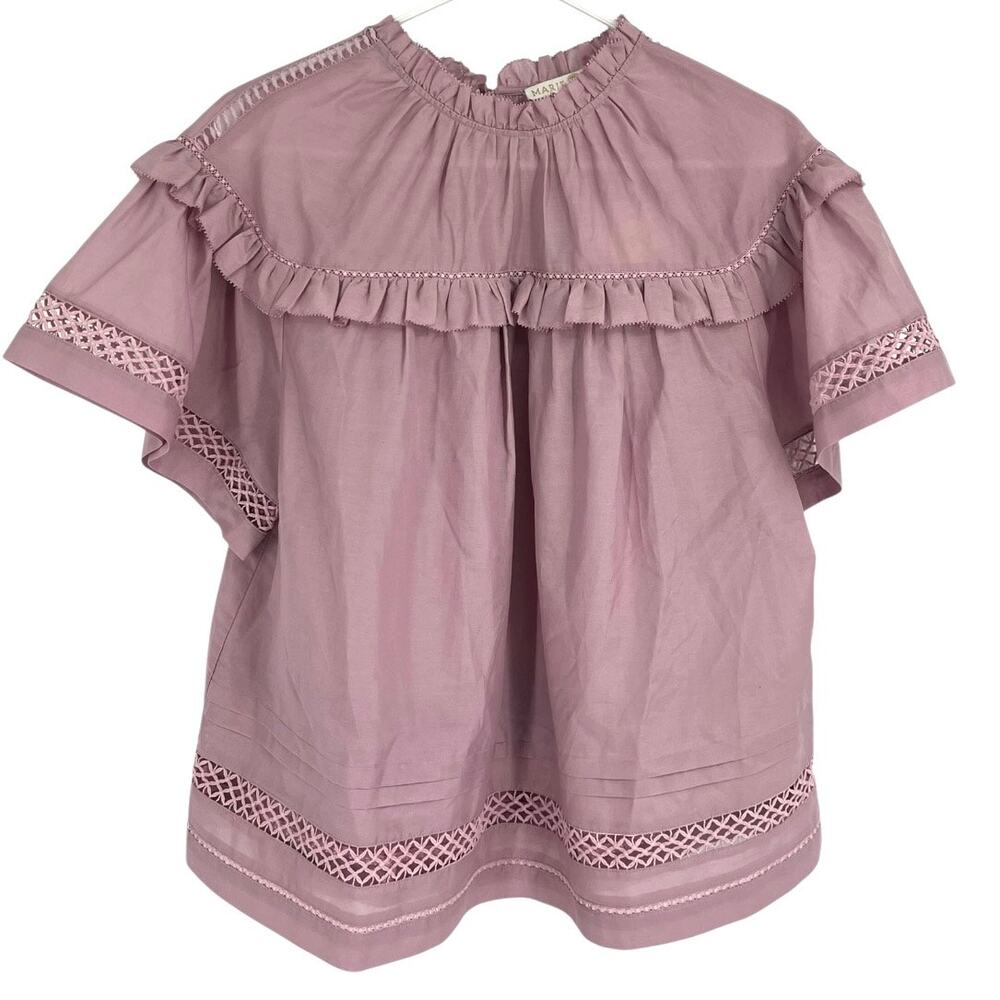 Marie Oliver Sulie Top Blouse Short Sleeve Mauve Ruffle Crochet Women Large NEW